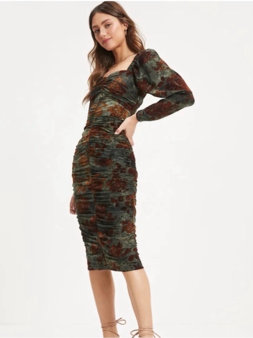 Vici Cheers To Me Ruched Velvet Midi Dress in Olive Floral